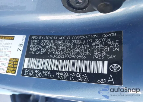 2008 Toyota Prius from USA, damaged, VIN JTDKB20U587802886
